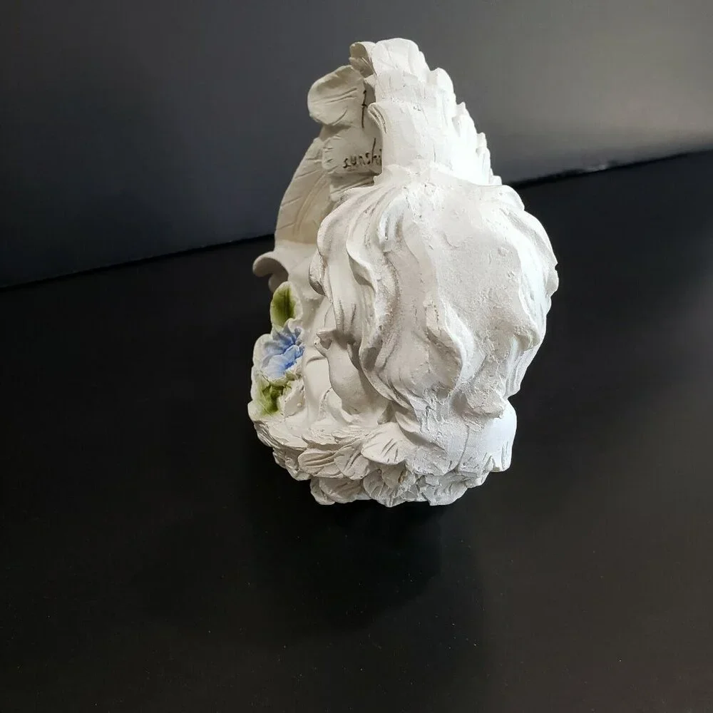 Set Of 2 White Sleeping Angel Cherub Figurines Wings Blue Flowers Friend Gift - Picture 6 of 9